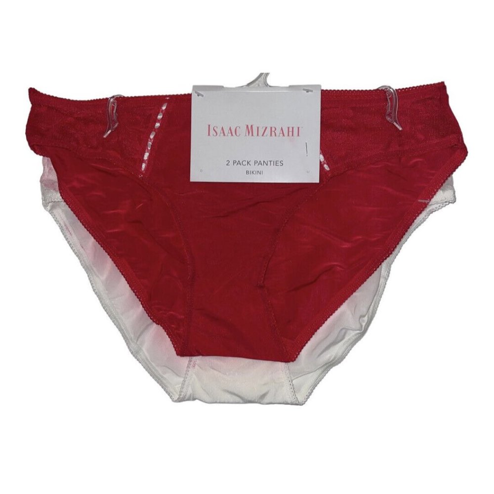 Isaac Mizrahi 2 Pack Bikini Panties Size Large Red White Lace Polyester NEW READ